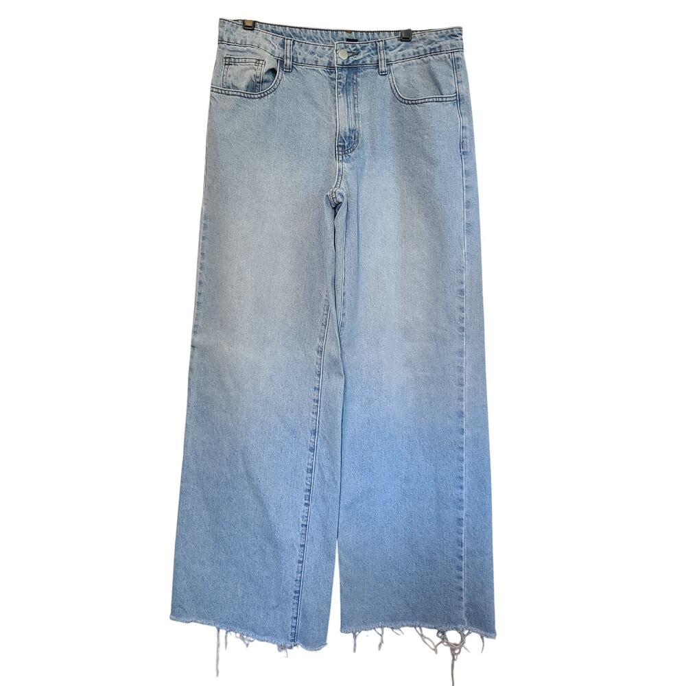 Cider‎ High Rise Wide Leg Jeans Womens M Raw Hem Light Wash Denim Boho Festival